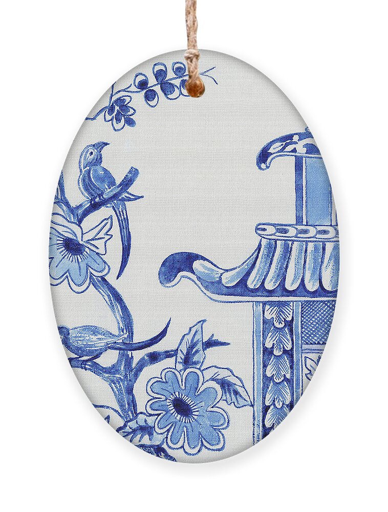 Chinoiserie Ornament featuring the painting Chinoiserie Blue and White Birds in Flowering Tree and Pagoda by Audrey Jeanne Roberts