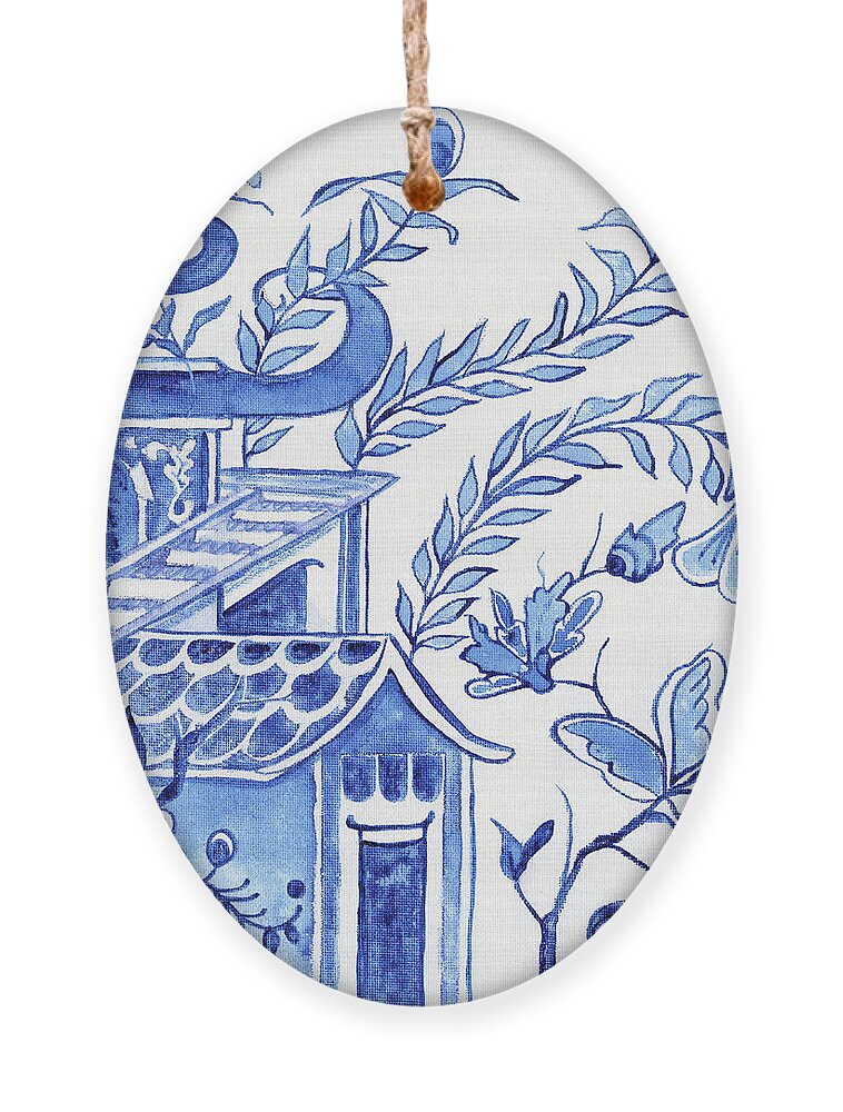 Chinoiserie Ornament featuring the painting Chinoiserie Blue and White Pagoda Floral 1 by Audrey Jeanne Roberts