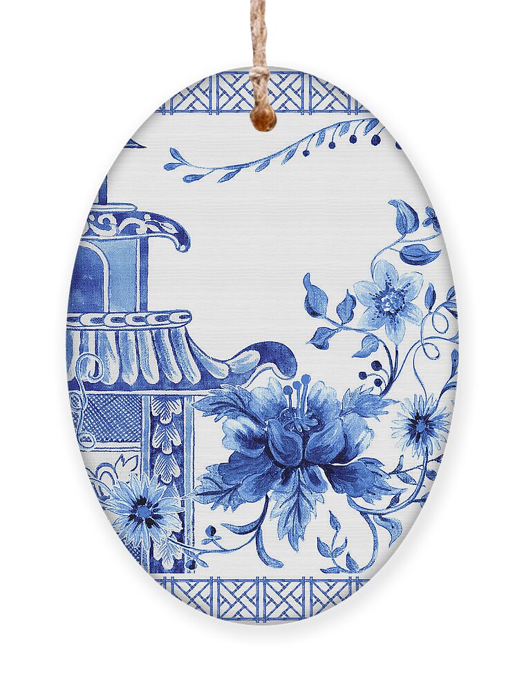 Chinese Ornament featuring the painting Chinoiserie Blue and White Pagoda with Stylized Flowers and Chinese Chippendale Border by Audrey Jeanne Roberts
