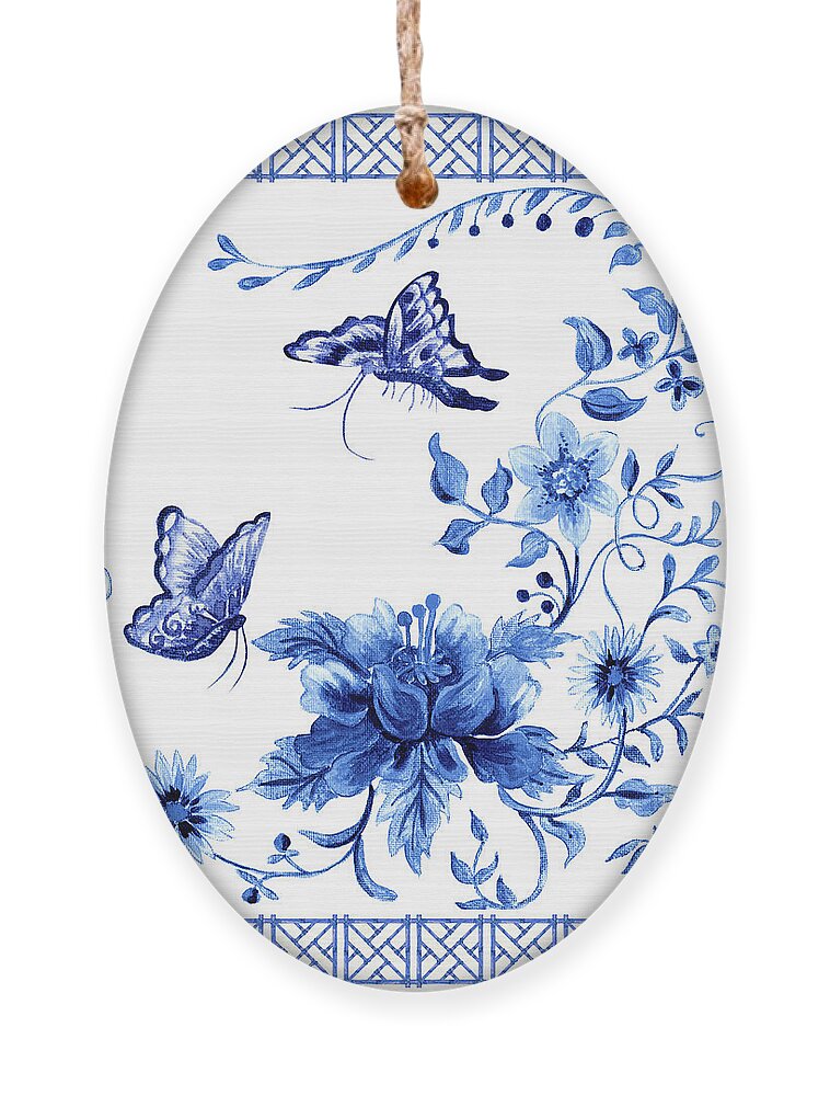 Butterflies Ornament featuring the painting Chinoiserie Blue and White Pagoda with Stylized Flowers Butterflies and Chinese Chippendale Border by Audrey Jeanne Roberts