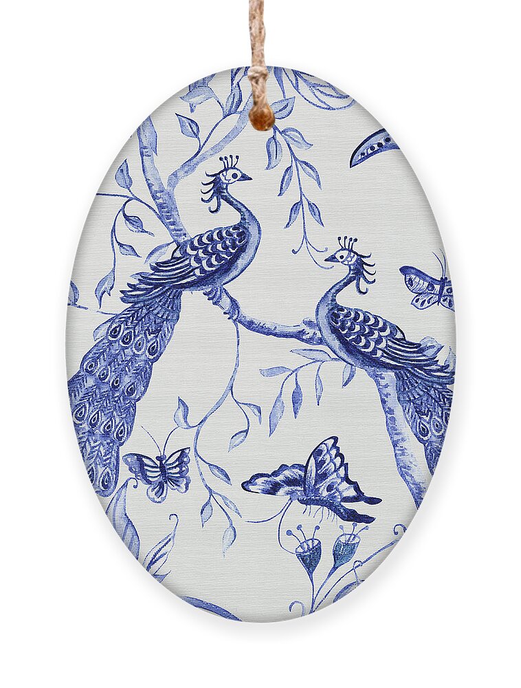 Chinoiserie Ornament featuring the painting Chinoiserie Blue and White Peacocks and Butterflies by Audrey Jeanne Roberts