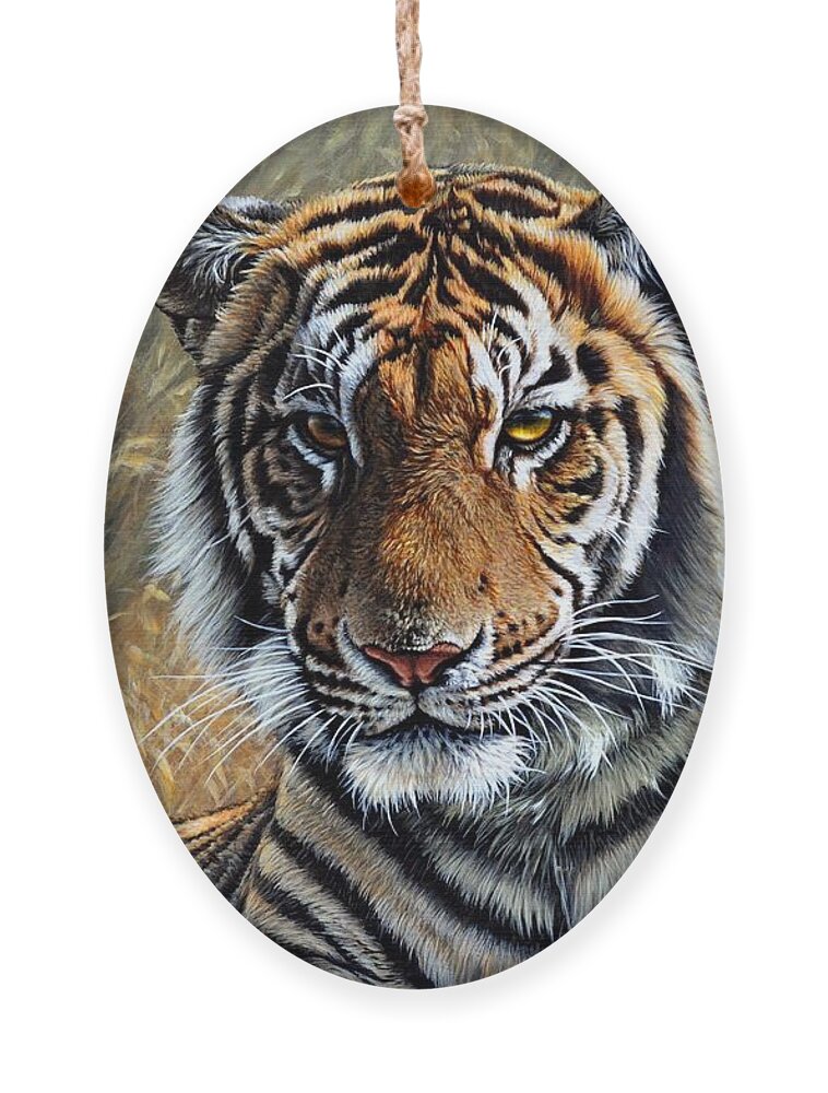 Tiger Ornament featuring the painting Contemplation - Tiger Portrait by Alan M Hunt