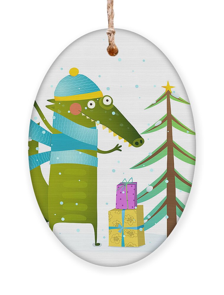 Gift Ornament featuring the digital art Crocodile Wearing Winter Warm Clothes by Popmarleo
