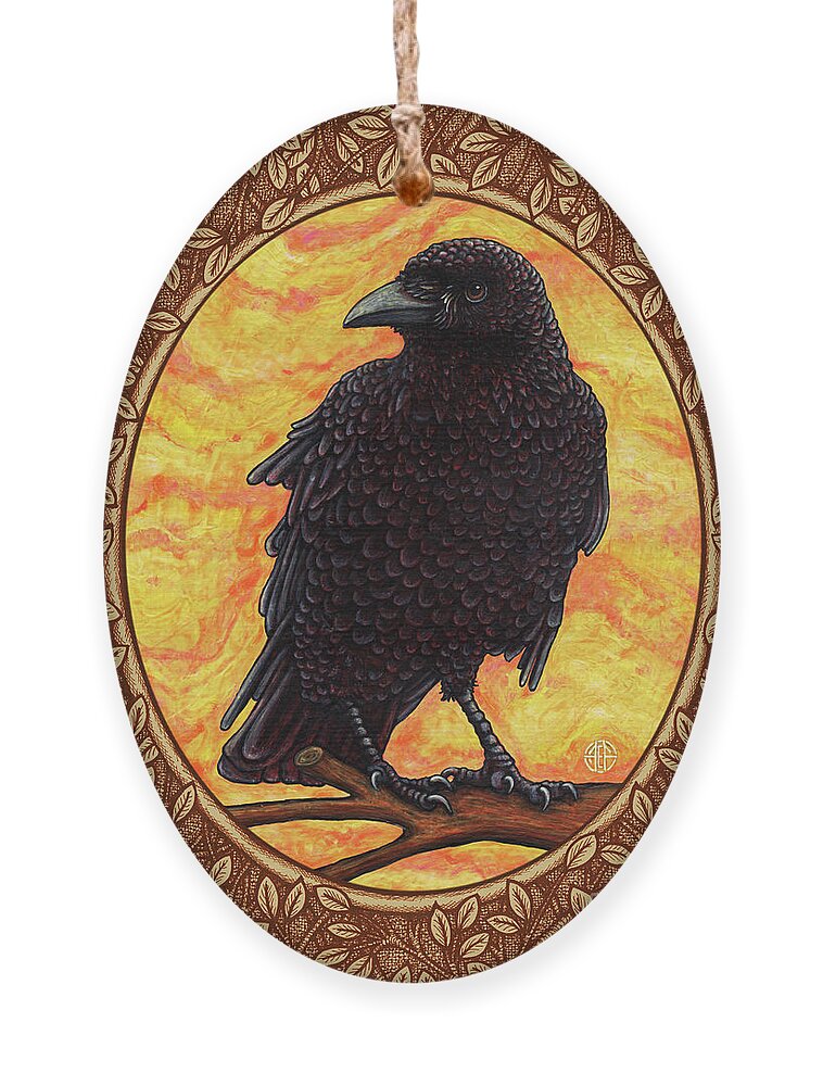 Animal Portrait Ornament featuring the painting Crow Portrait - Brown Border by Amy E Fraser