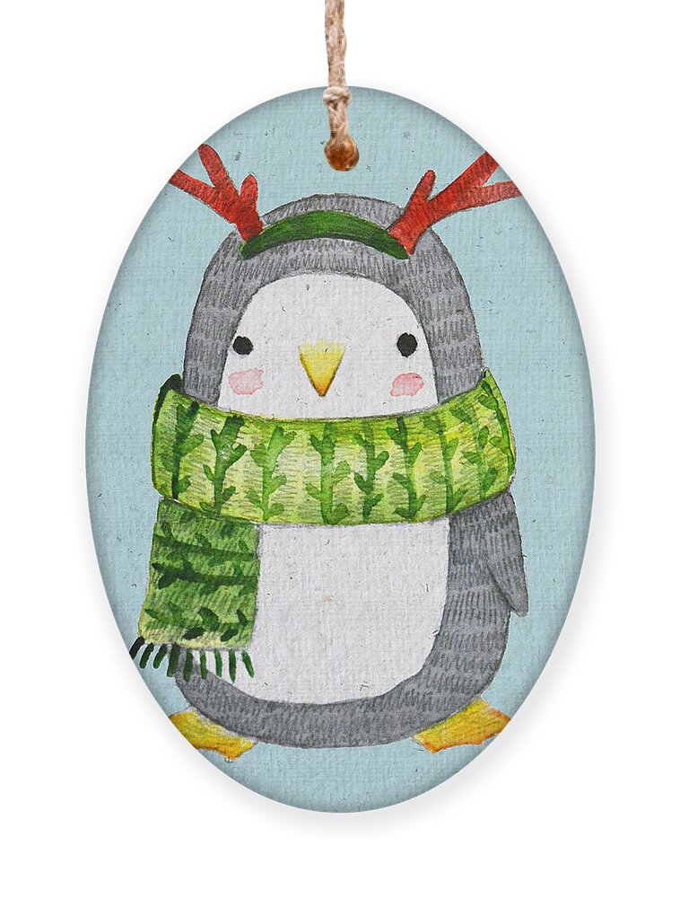 Year Ornament featuring the digital art Cute Penguin In Scarf Watercolor by Maria Sem