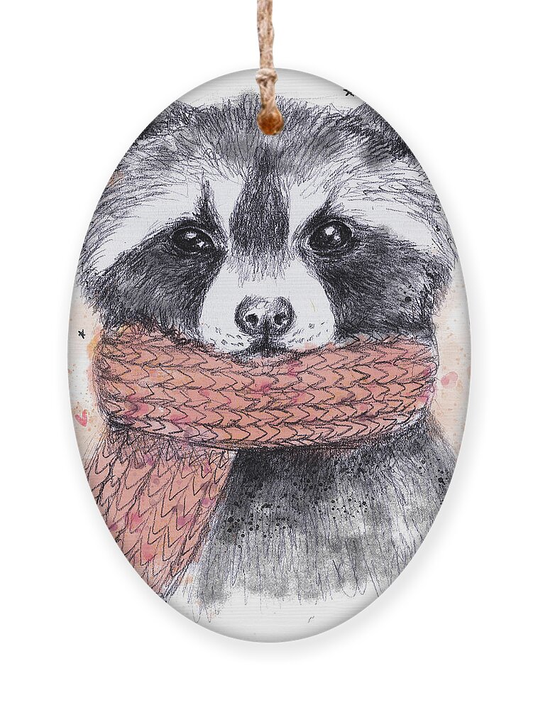 Scarf Ornament featuring the digital art Cute Raccoon With Scarf Sketchy by Maria Sem