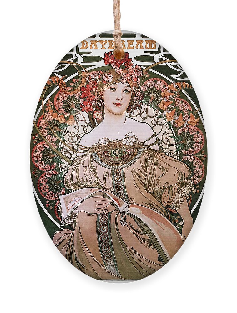 Daydream Ornament featuring the painting Daydream by Alphonse Mucha White Background by Rolando Burbon