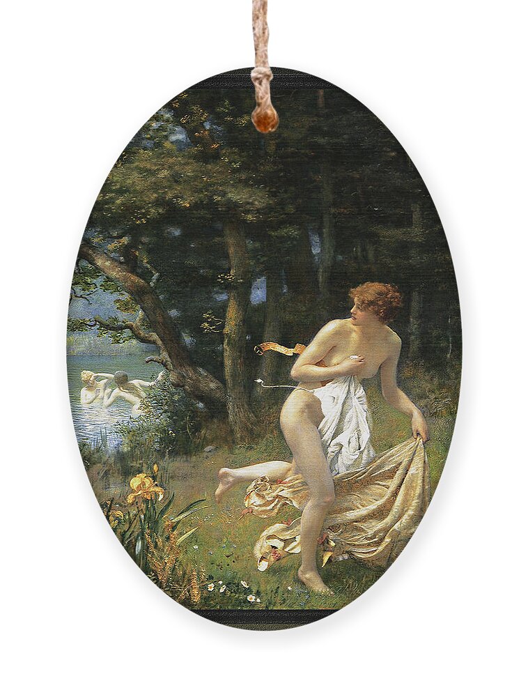 Diana's Maidens Ornament featuring the painting Dianas Maidens by Edward Robert Hughes by Rolando Burbon