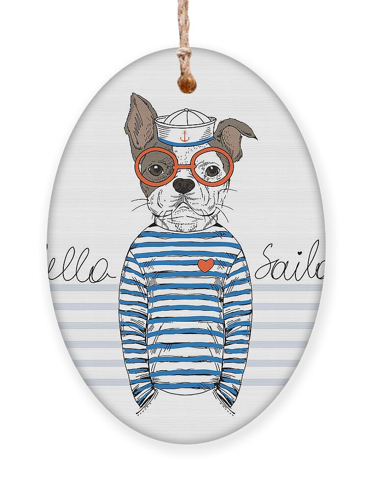Small Ornament featuring the digital art French Bulldog Sailor Nautical by Olga angelloz