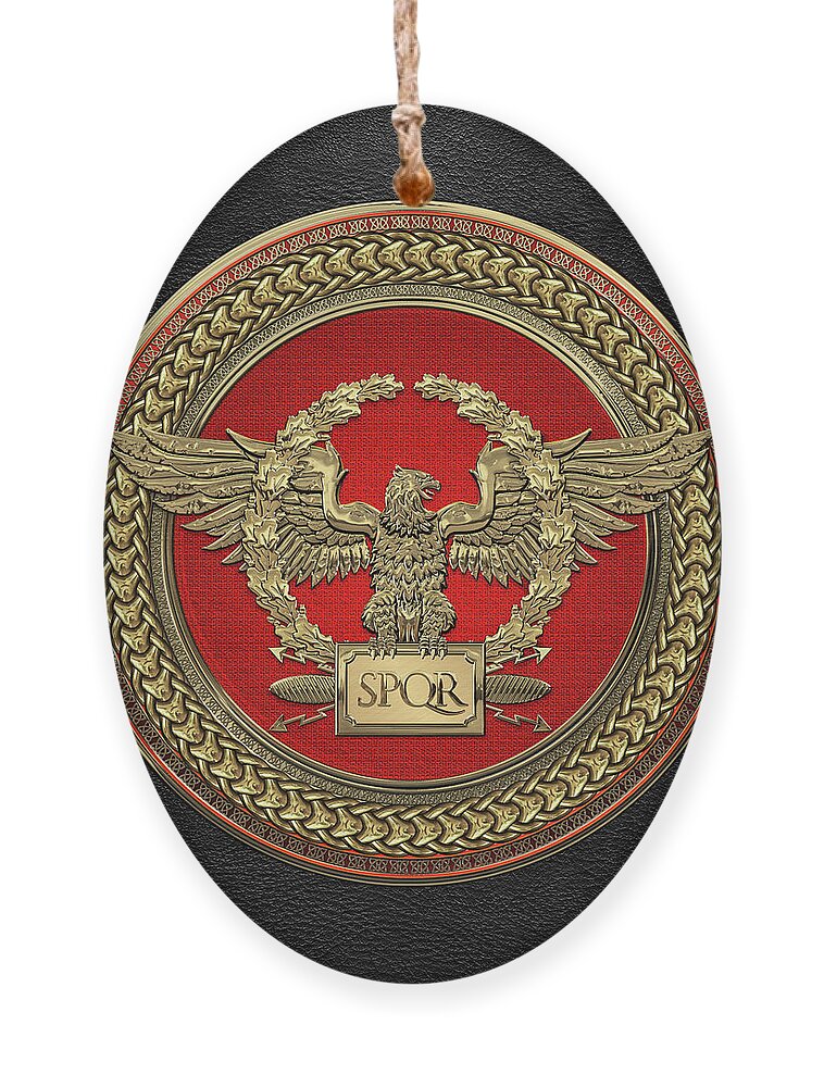 Treasures Of Rome Collection By Serge Averbukh Ornament featuring the digital art Gold Roman Imperial Eagle - S P Q R Medallion Edition over Black Leather by Serge Averbukh