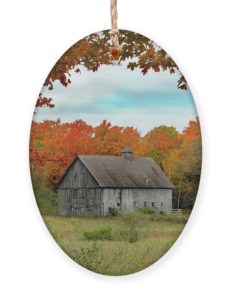 October Ornament featuring the photograph Grey Barn Fall Colors by David T Wilkinson