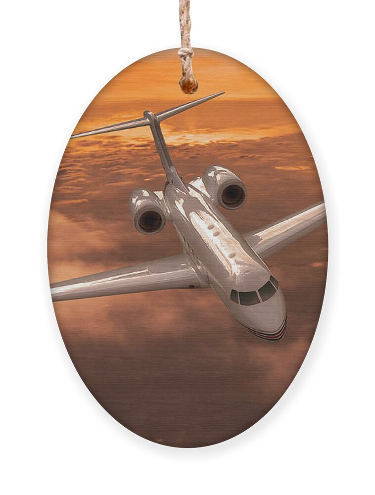 Gulfstream 550 Business Jet Ornament featuring the digital art Gulfstream 550 Out of the Sunset by Erik Simonsen