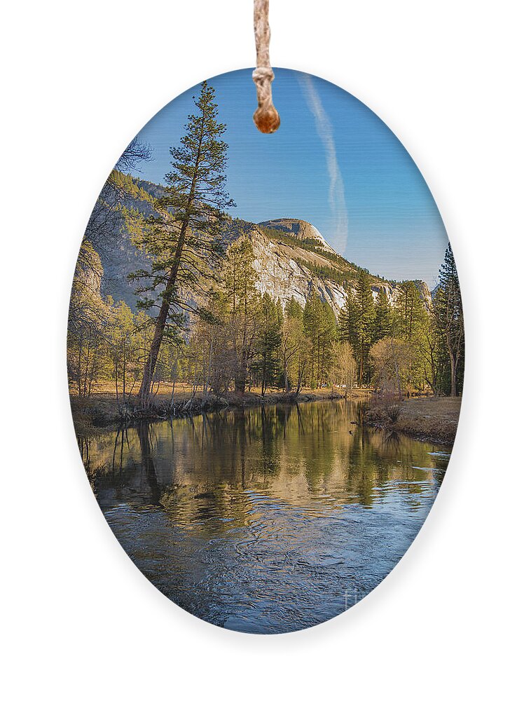 Airplane Trails Ornament featuring the photograph Half dome with Leaning Tree by Roslyn Wilkins