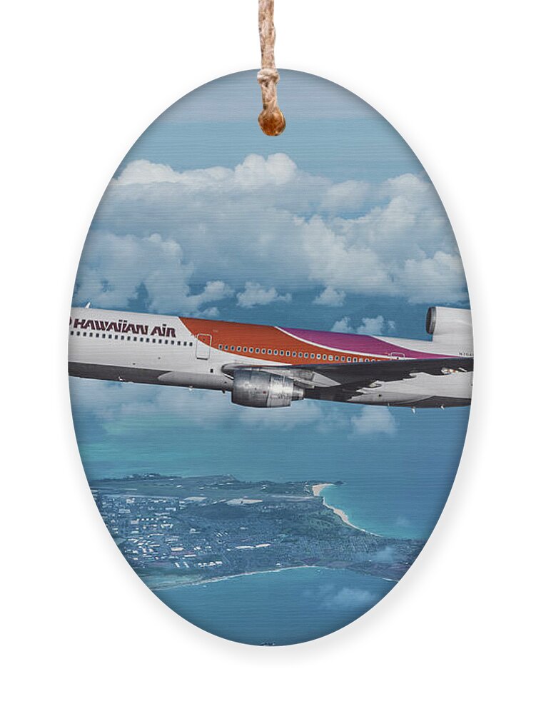 Hawaiian Airlines Ornament featuring the mixed media Hawaiian Airlines L-1011 Over the Islands by Erik Simonsen