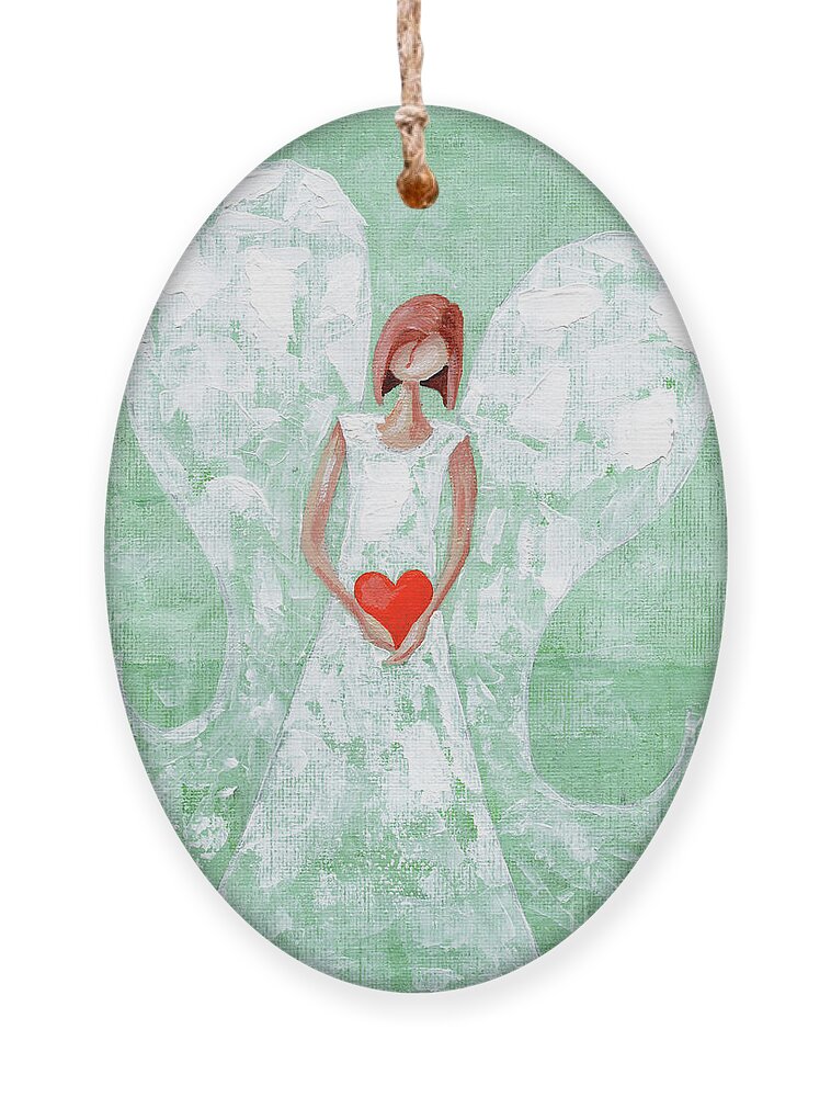 Angel Ornament featuring the painting Heard on High Angel - mint green heart by Annie Troe