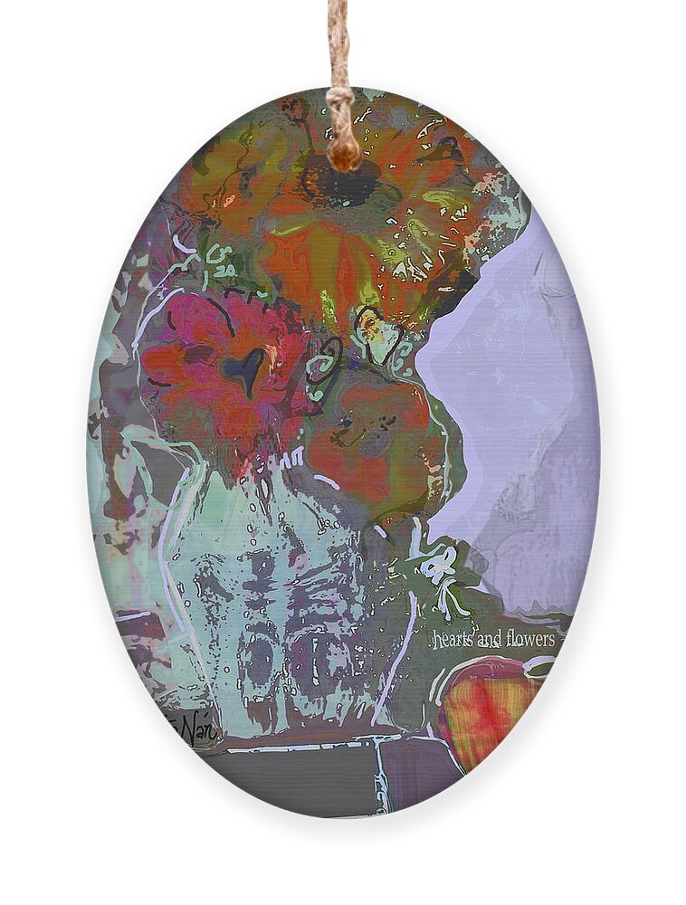 Square Ornament featuring the mixed media Hearts and Flowers and A Cat by Zsanan Studio