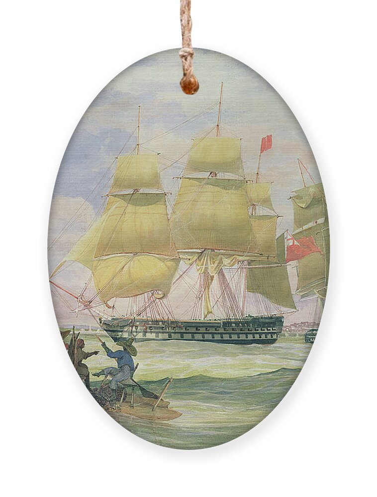 Seascape Ornament featuring the painting HM Ships Ganges and Sapphire off Pernambuco, 1829 by Emeric Essex Vidal