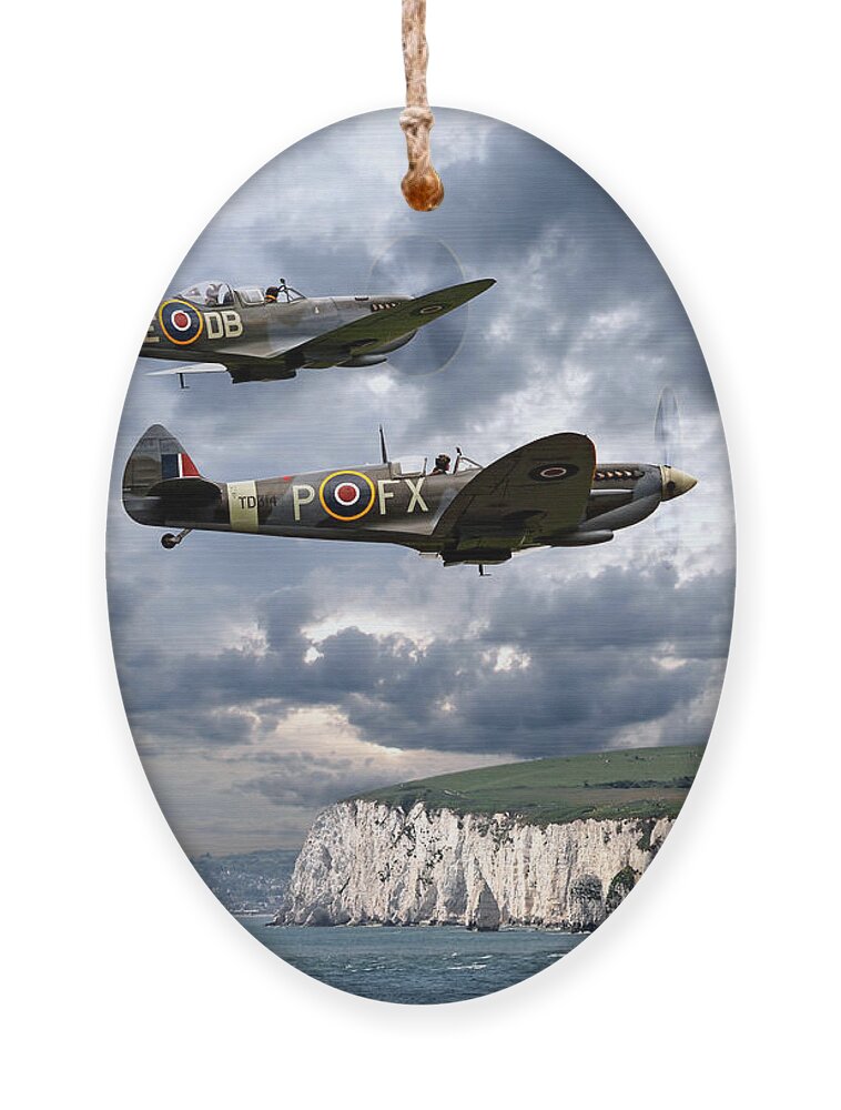 Aircraft Ornament featuring the photograph Homeward Bound Spitfires Over The White Cliffs Of Dover by Gill Billington