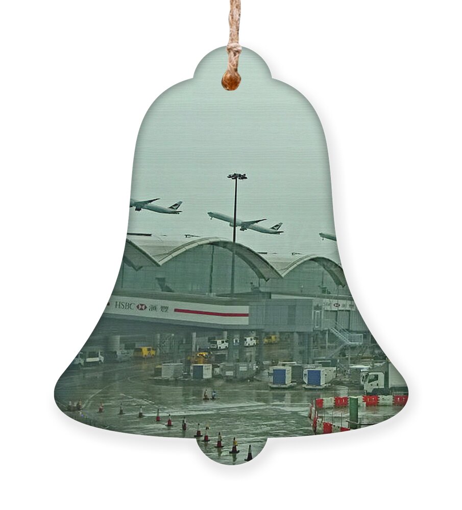 Cathy Pacific Ornament featuring the photograph Hongkong Airport - Rainy Day Takeoff by Amazing Action Photo Video