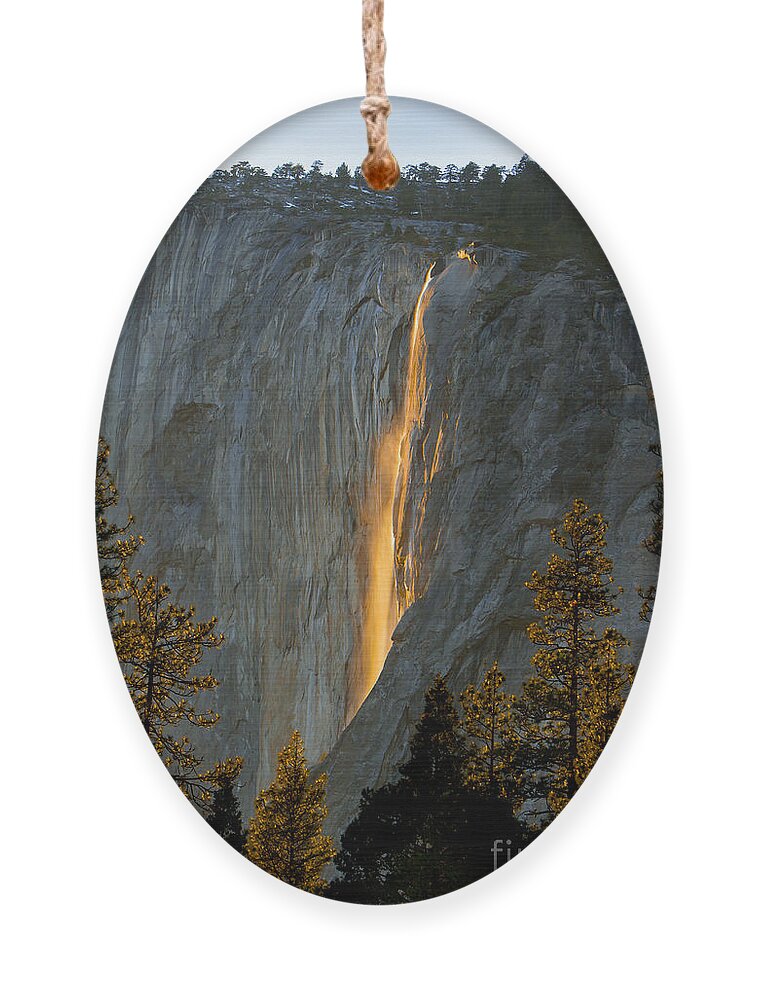 Glowing Waterfall Ornament featuring the photograph Horsetail Falls In Yosemite Illuminated by Peggy Sells