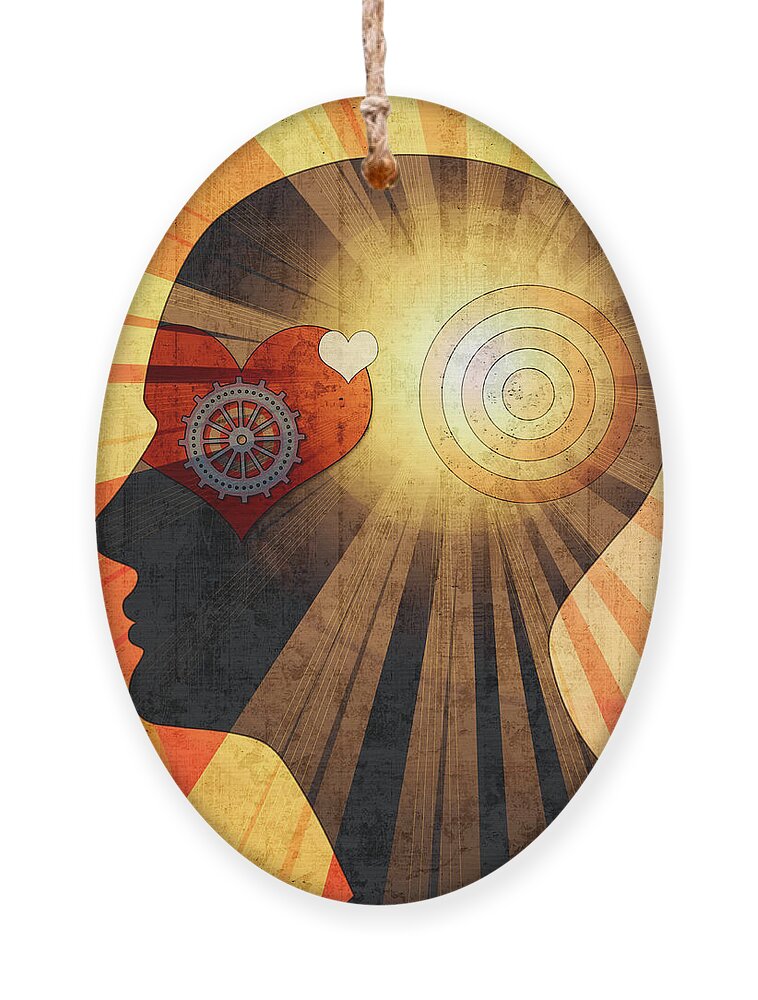 Harmony Ornament featuring the digital art Human Head With Gears Heart Sun by Patrice6000