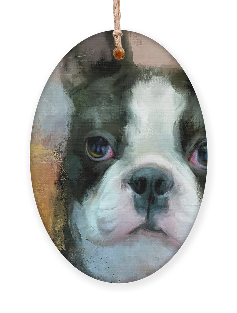 Colorful Ornament featuring the painting I Adore You Boston Terrier Art by Jai Johnson