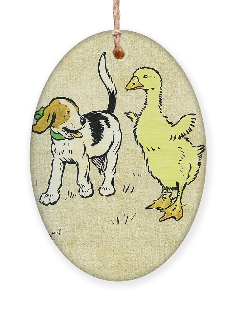 Puppy Ornament featuring the mixed media Illustration of puppy and gosling by Cecil Aldin