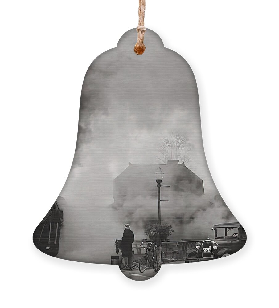 Vintage Ornament featuring the photograph Image Of Steam Locomotive And Model A Ford At Intersection by Retrographs