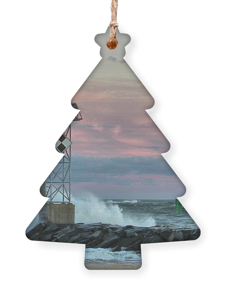 Inlet Ornament featuring the photograph Inlet Jetty Waves At Sunset by Robert Banach