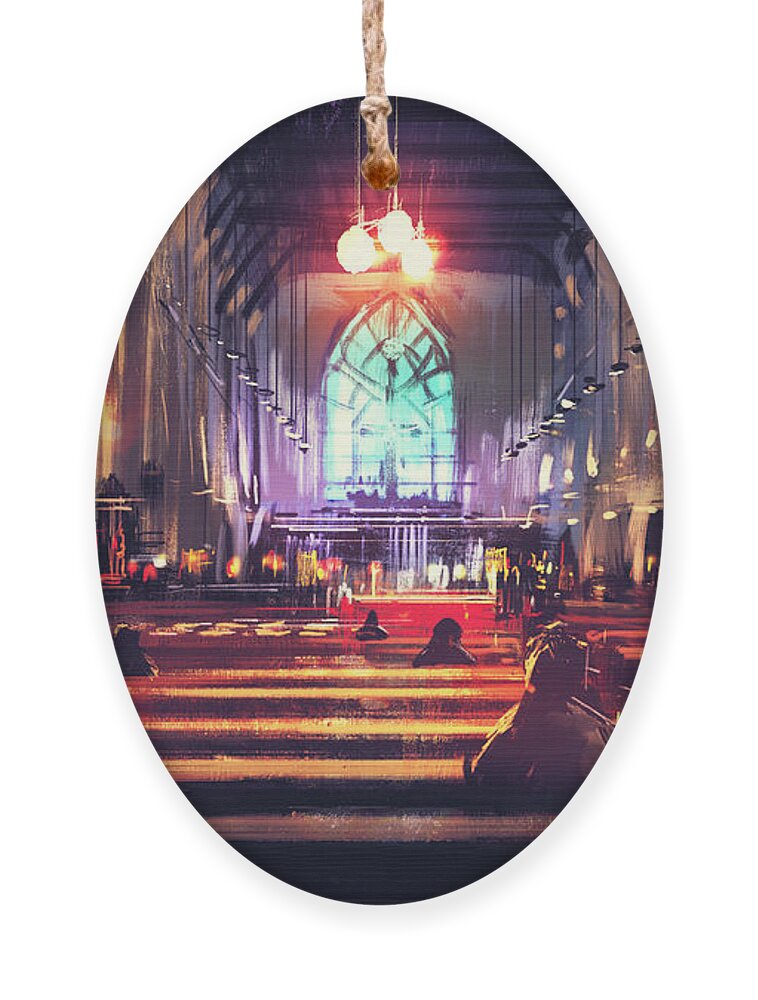 Religious Ornament featuring the digital art Interior View Of A Churchdigital by Tithi Luadthong