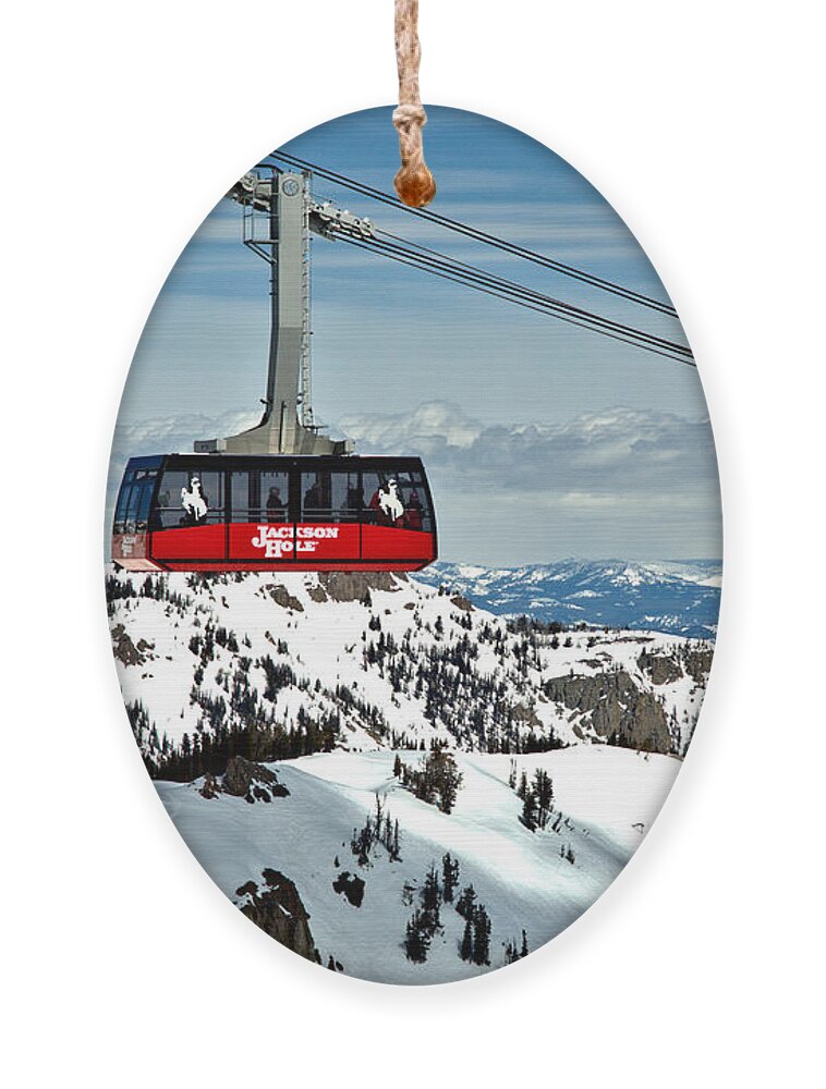 Jackson Hole Tram Ornament featuring the photograph Jackson Hole Aerial Tram Over The Snow Caps by Adam Jewell