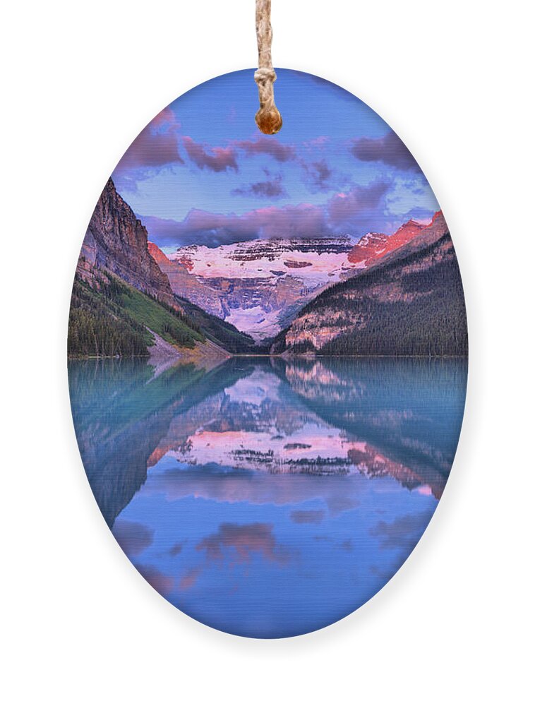 Lake Louise Ornament featuring the photograph Lake Louise Summer Sunrise Reflections by Adam Jewell