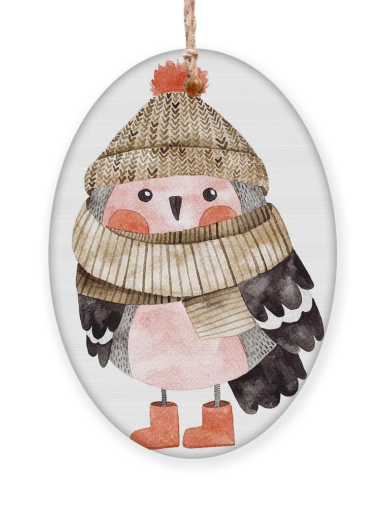 Illustrations Ornament featuring the digital art Little Cute Bullfinch With Winter Hat by Maria Sem