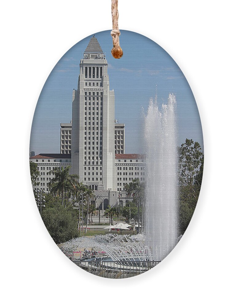 Buildings Ornament featuring the photograph Los Angeles City Hall and Arthur J. Will, Memorial Fountain by Roslyn Wilkins