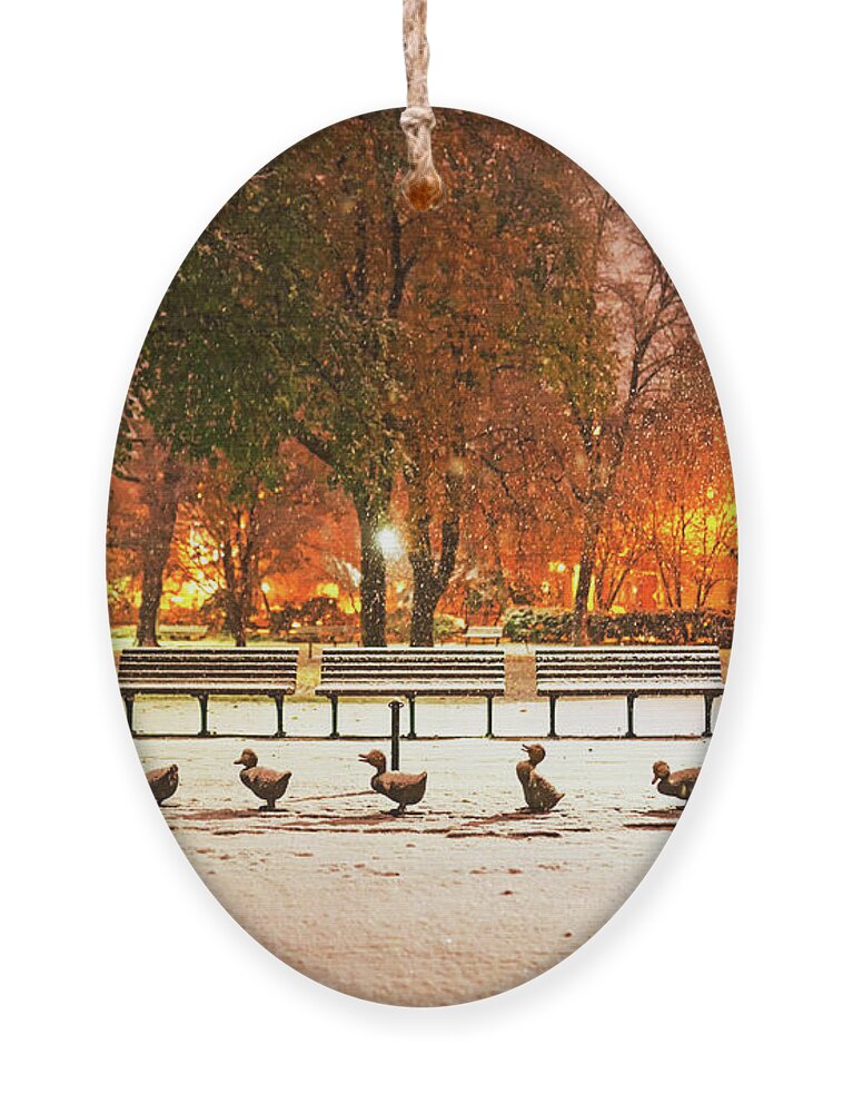 Boston Ornament featuring the photograph Make Way For Ducklings in the Snow Boston Common Boston MA by Toby McGuire