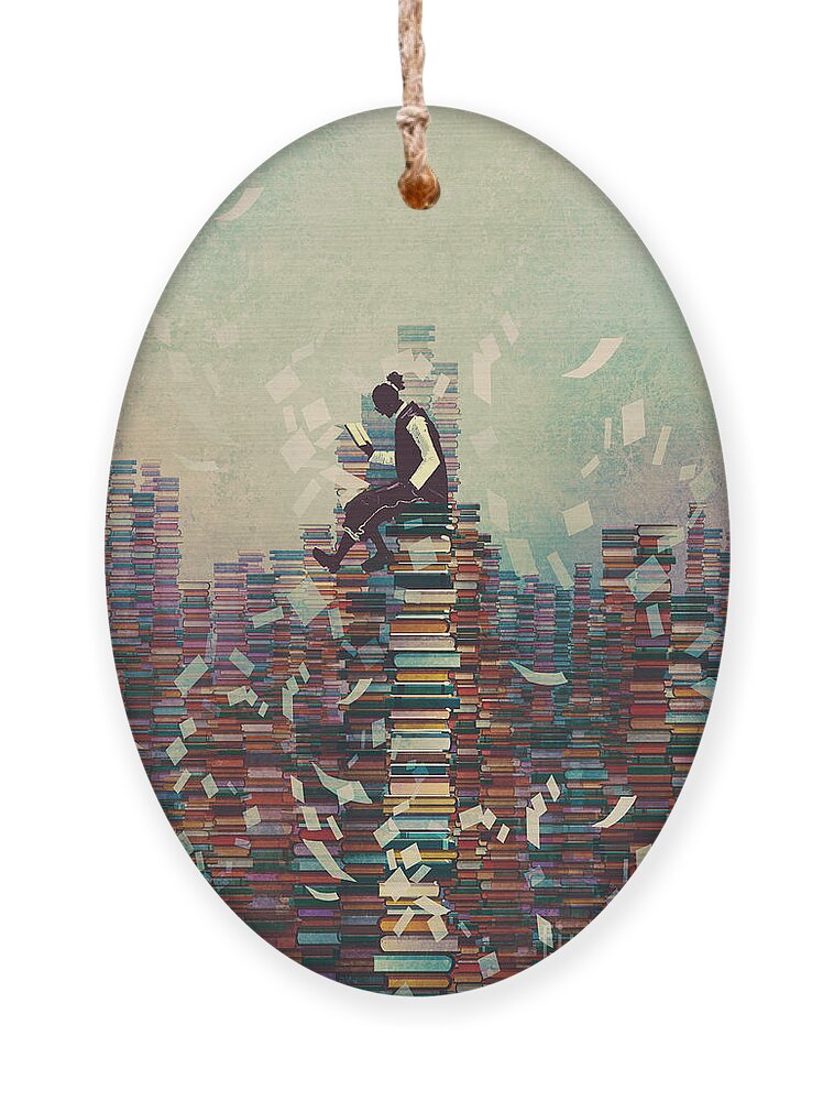 Education Ornament featuring the digital art Man Reading Book While Sitting On Pile by Tithi Luadthong