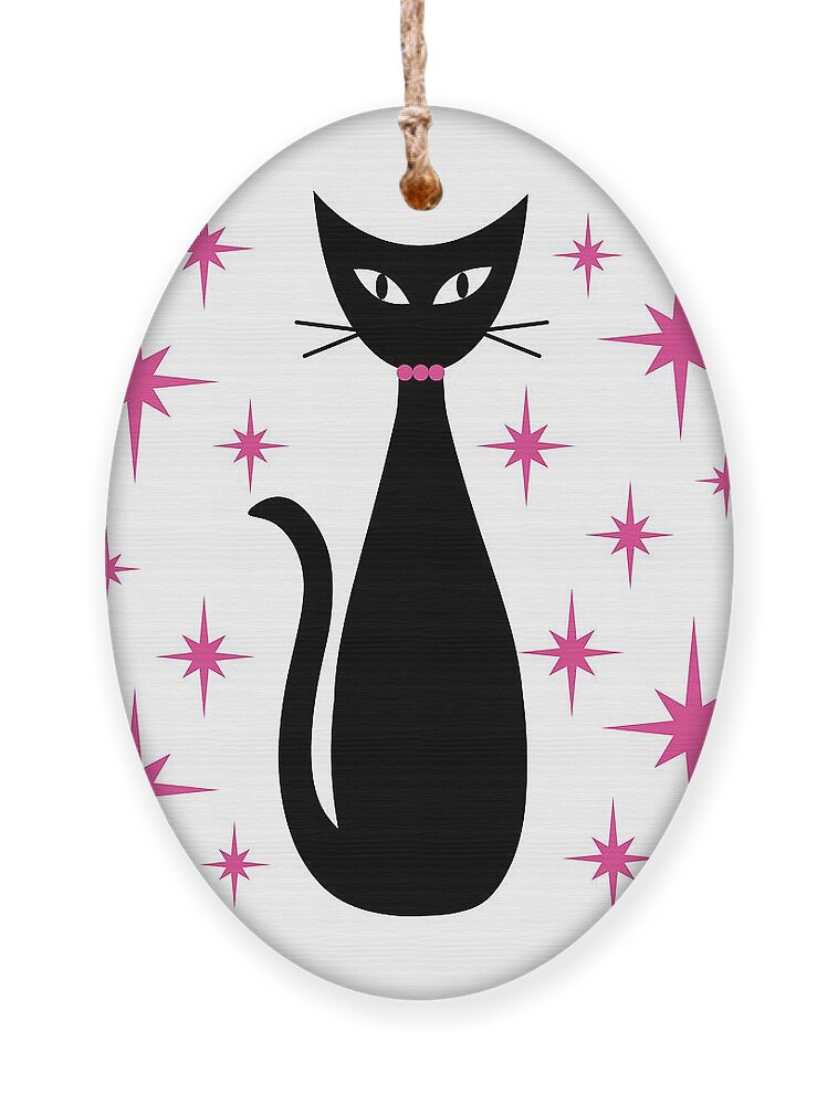 Mid Century Modern Ornament featuring the digital art Mid Century Cat with Pink Starbursts by Donna Mibus