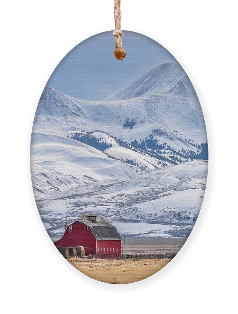 Farmhouse Ornament featuring the photograph Montana Farm Dwarfed By Tall Mountains by Mh Anderson Photography