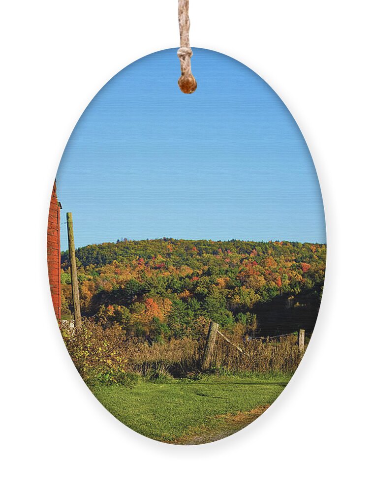 Vermont Red Barn Ornament featuring the photograph Moon rise over Vermont foliage on the farm by Jeff Folger
