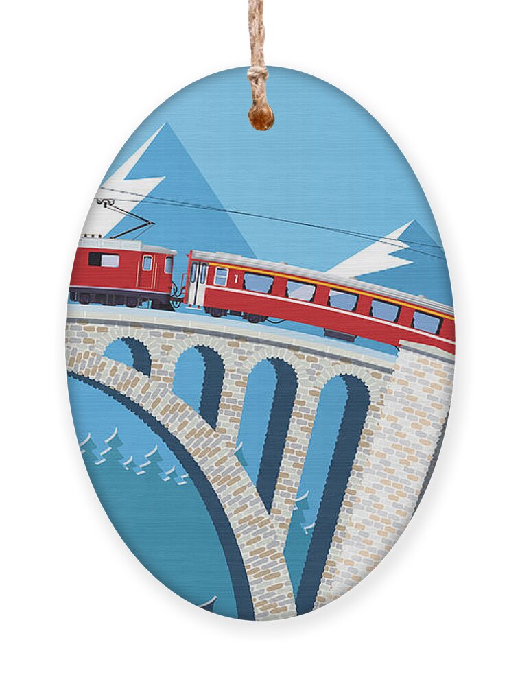 Illustrations Ornament featuring the digital art Mountain Train On The Bridge by Nikola Knezevic