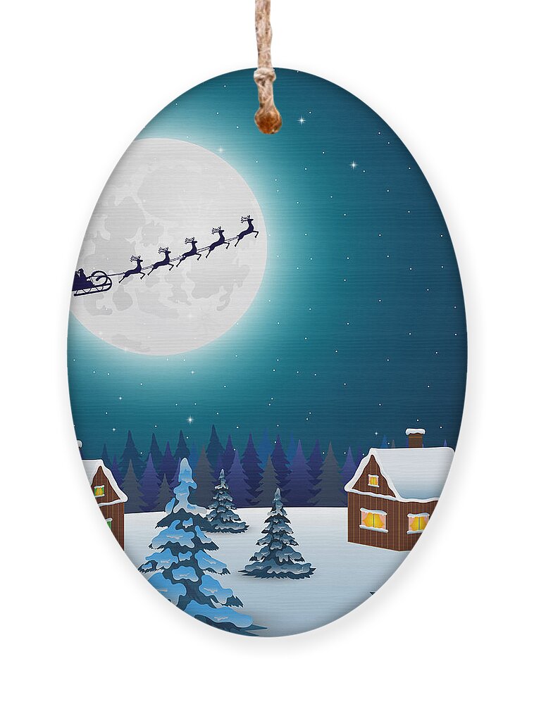 Deer Ornament featuring the digital art Night Christmas Forest Landscape Santa by Paola Crash