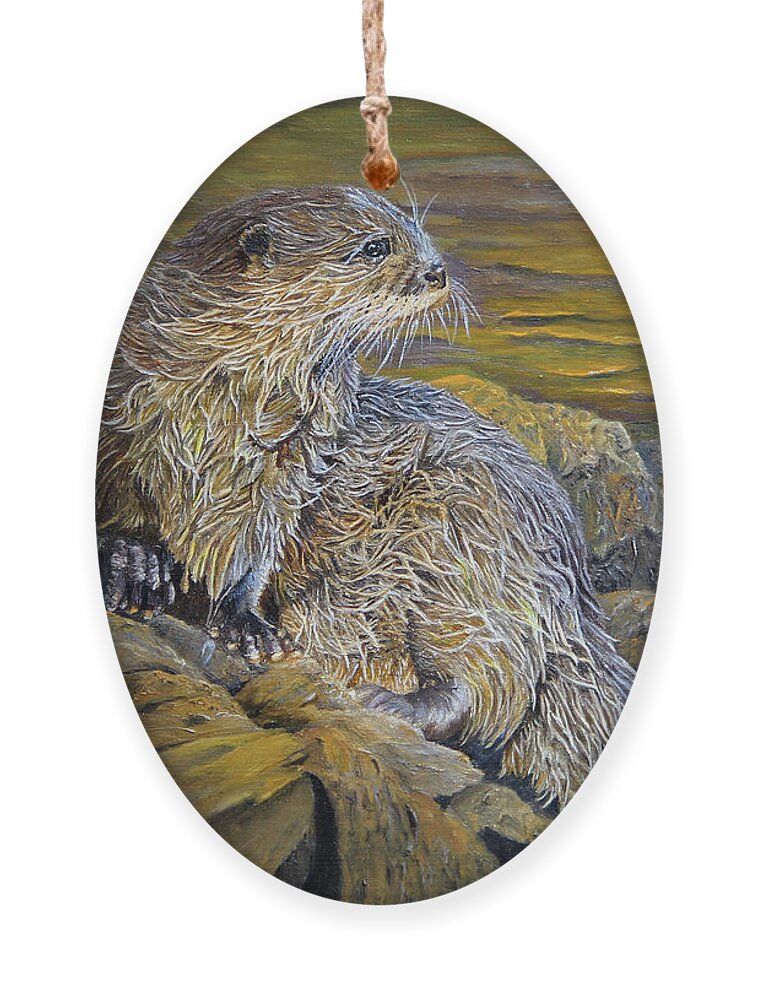 North American Wildlife Ornament featuring the painting On The River Bank - River Otter by Johanna Lerwick
