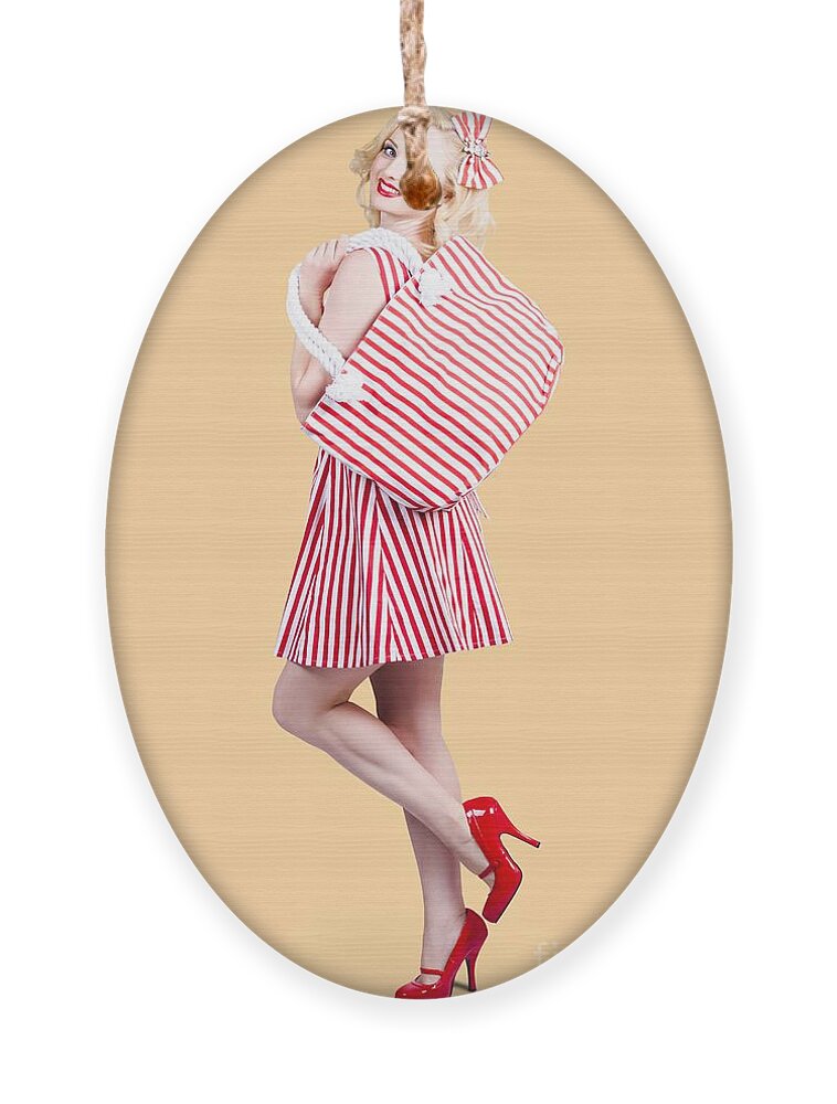 Shopper Ornament featuring the photograph Pin up girl wearing stripped red dress holding bag by Jorgo Photography
