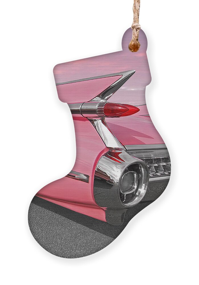 Cadillac Ornament featuring the photograph Pink Cadillac Tail Fins At Sunset by Gill Billington