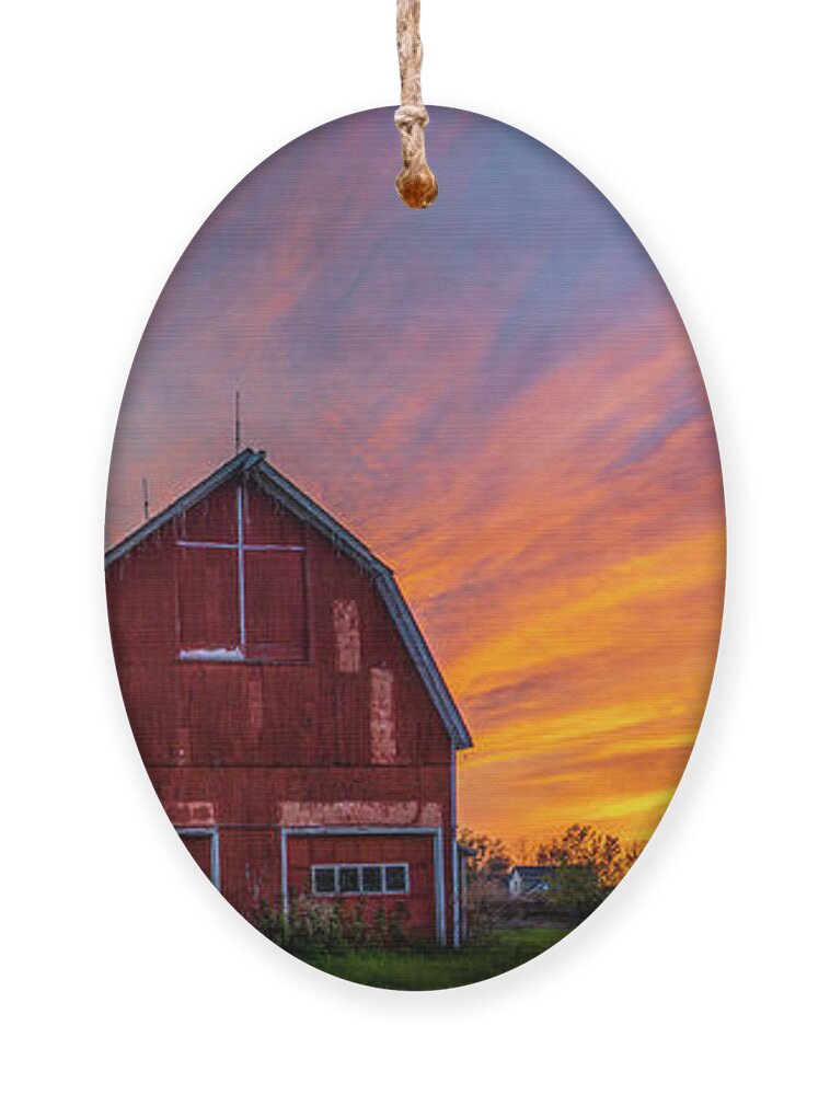 Red Barn At Sunset Ornament featuring the photograph Red Barn At Sunset by Mark Papke