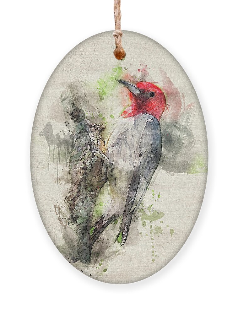 Bird Ornament featuring the digital art Red Headed Woodpecker by Lois Bryan