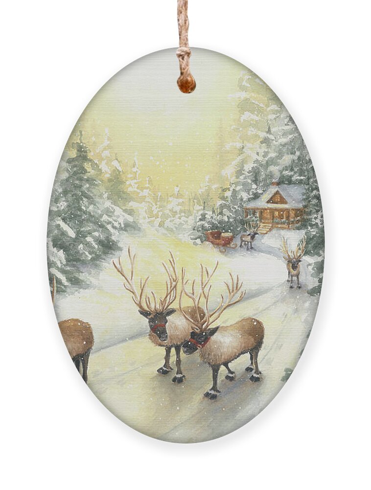 Reindeer Ornament featuring the painting Hoofing It Under the Midnight Sun by Lori Taylor
