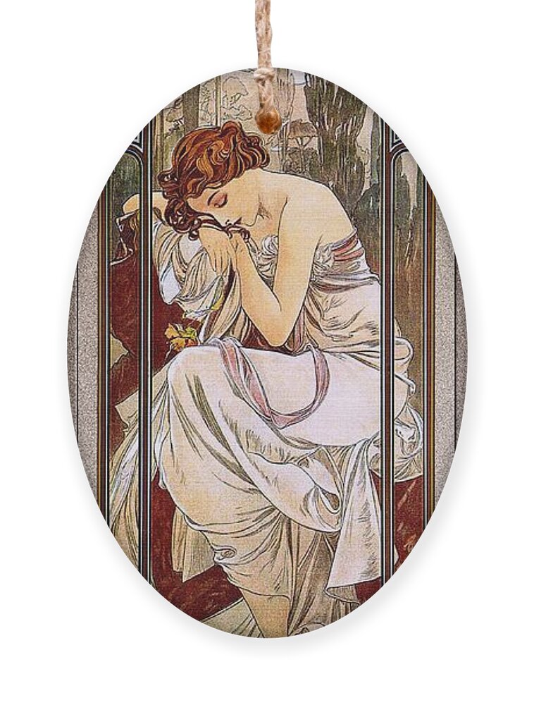 Rest Of The Night Ornament featuring the painting Rest Of The Night by Alphonse Mucha by Rolando Burbon