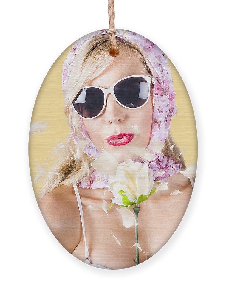 Kiss Ornament featuring the photograph Romantic woman with flower by Jorgo Photography