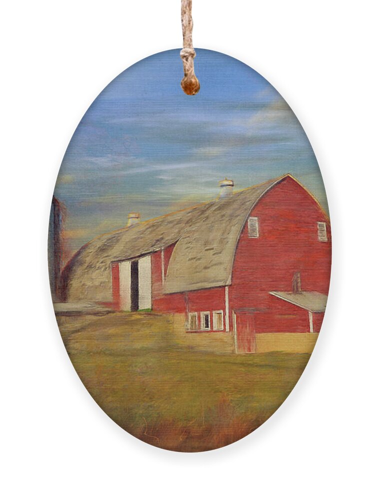 Red Barns Ornament featuring the mixed media Ruby Red Barn Country by Colleen Taylor